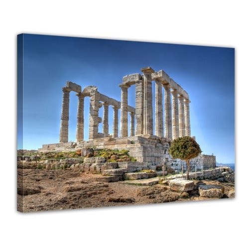 Wandbild - Kap Sounion - Griechenland - Bild auf Leinwand - 80x60 cm 1 teilig - Leinwandbilder - Bilder als Leinwanddruck - Urlaub, Sonne & Meer - Europa - Attika - Marmortempel des Poseidon