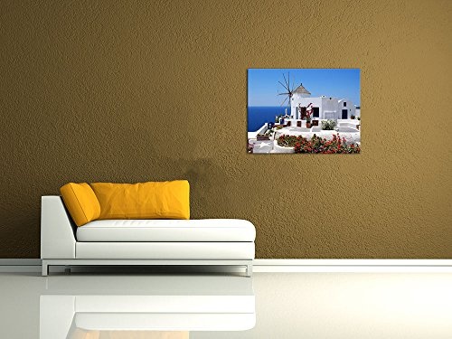 Wandbild - Griechische Mühle - Bild auf Leinwand - 80x60 cm 1 teilig - Leinwandbilder - Bilder als Leinwanddruck - Urlaub, Sonne & Meer - Mittelmeer - Griechenland - Mühle in Santorini