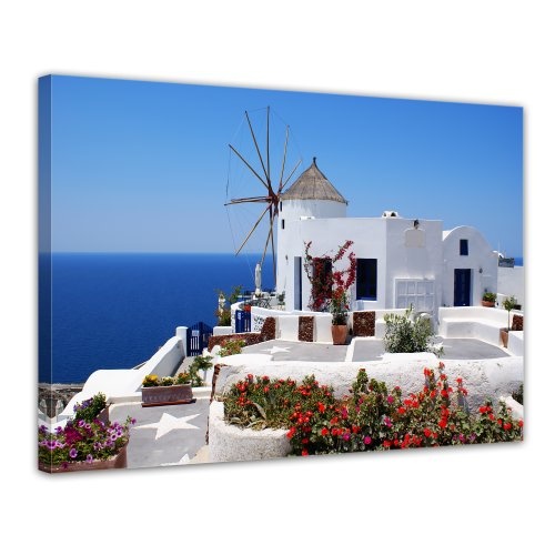 Wandbild - Griechische Mühle - Bild auf Leinwand - 80x60 cm 1 teilig - Leinwandbilder - Bilder als Leinwanddruck - Urlaub, Sonne & Meer - Mittelmeer - Griechenland - Mühle in Santorini