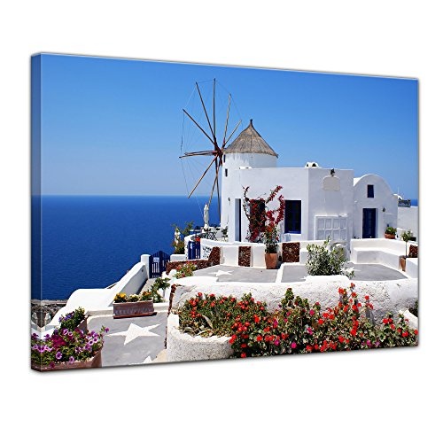 Wandbild - Griechische Mühle - Bild auf Leinwand - 80x60 cm 1 teilig - Leinwandbilder - Bilder als Leinwanddruck - Urlaub, Sonne & Meer - Mittelmeer - Griechenland - Mühle in Santorini