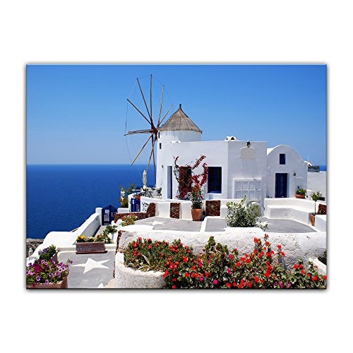 Wandbild - Griechische Mühle - Bild auf Leinwand - 80x60 cm 1 teilig - Leinwandbilder - Bilder als Leinwanddruck - Urlaub, Sonne & Meer - Mittelmeer - Griechenland - Mühle in Santorini