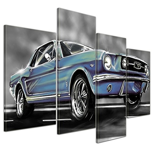 Wandbild - Mustang Graphic - blau - Bild auf Leinwand - 120x80 cm 4 teilig - Leinwandbilder - Motorisiert - Oldtimer - Klassiker - Amerika