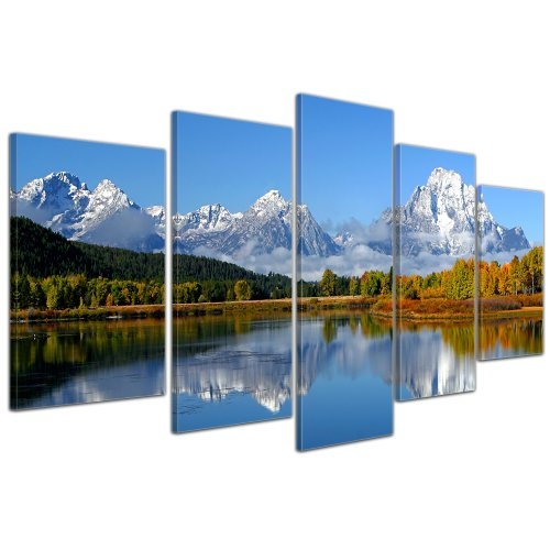 Wandbild - Berglandschaft USA - Oxbow Bend - Bild auf Leinwand - 100x50 cm 5 teilig - Leinwandbilder - Bilder als Leinwanddruck - Landschaften - Amerika - Berge mit See und Herbstwald