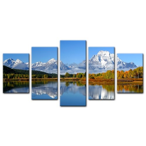 Wandbild - Berglandschaft USA - Oxbow Bend - Bild auf Leinwand - 100x50 cm 5 teilig - Leinwandbilder - Bilder als Leinwanddruck - Landschaften - Amerika - Berge mit See und Herbstwald