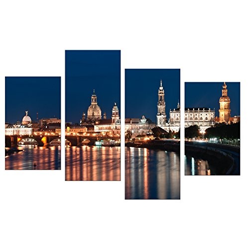 Wandbild - Dresden Skyline bei Nacht - Deutschland - Bild auf Leinwand - 120x80 cm 4 teilig - Leinwandbilder - Städte & Kulturen - Sachsen - Elbe - Altstadt - beleuchtet