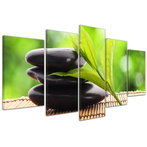 Wandbild - Zen Steine V - Bild auf Leinwand - 100x50 cm 5 teilig - Leinwandbilder - Bilder als Leinwanddruck - Geist & Seele - Asien - Wellness