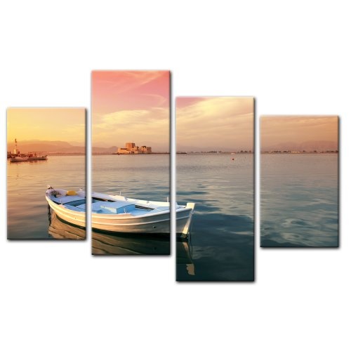 Wandbild - traditionelles griechisches Fischerboot - Bild auf Leinwand - 120x80 cm 4 teilig - Leinwandbilder - Bilder als Leinwanddruck - Urlaub, Sonne & Meer - Griechenland - Hafen im Sonnenuntergang