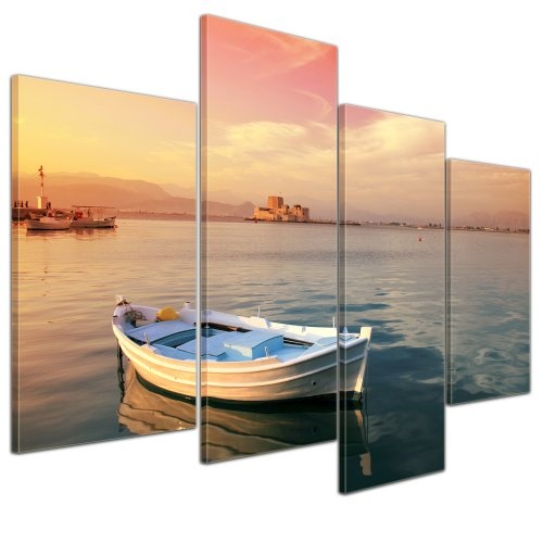 Wandbild - traditionelles griechisches Fischerboot - Bild auf Leinwand - 120x80 cm 4 teilig - Leinwandbilder - Bilder als Leinwanddruck - Urlaub, Sonne & Meer - Griechenland - Hafen im Sonnenuntergang