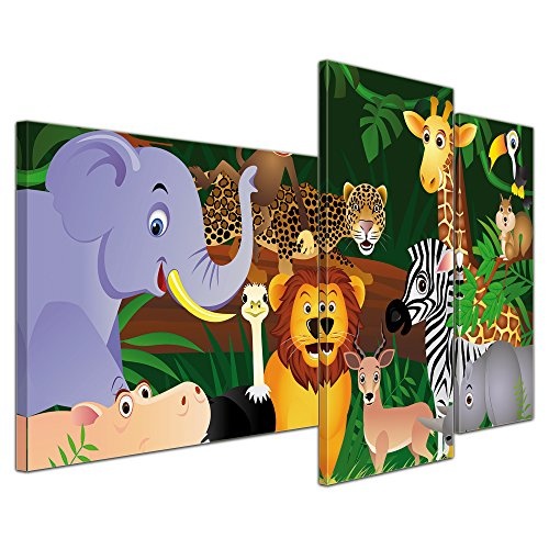 Wandbild - Kinderbild Wilde Tiere im Dschungel Cartoon - Bild auf Leinwand - 130x80 cm 3 teilig - Leinwandbilder - Kinder - Regenwald - Urwald - abenteuerlich