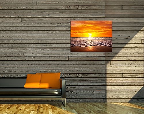 Wandbild - Strand Sonnenuntergang I - Bild auf Leinwand - 80x60 cm 1 teilig - Leinwandbilder - Landschaften - Meer - Brandung - Himmel
