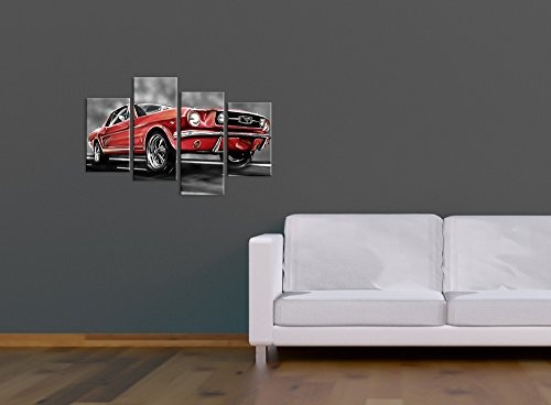 Wandbild - Mustang Graphic - rot - Bild auf Leinwand - 120x80 cm 4 teilig - Leinwandbilder - Motorisiert - Oldtimer - Klassiker - Amerika