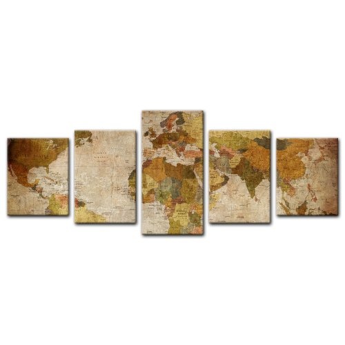 Wandbild - Weltkarte Retro - Bild auf Leinwand - 200x80 cm 5 teilig - Leinwandbilder - Bilder als Leinwanddruck - Urban & Graphic - Landkarte im Vintage-Stil