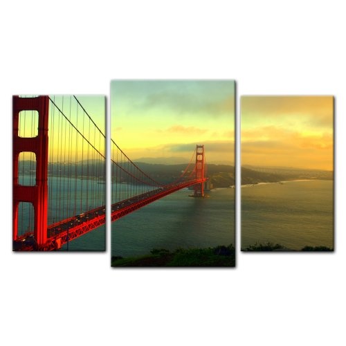 Wandbild - Golden Gate Bridge - San Francisco II - Bild auf Leinwand - 100x60 cm 3 teilig - Leinwandbilder - Bilder als Leinwanddruck - Städte & Kulturen - Amerika - USA - Brücke in Kalifornien