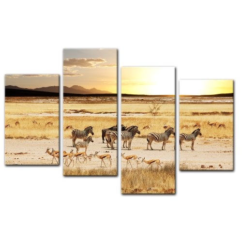 Wandbild - Afrikanische Savanne - Bild auf Leinwand - 120x80 cm 4 teilig - Leinwandbilder - Bilder als Leinwanddruck - Tierwelten - afrikanische Wildtiere