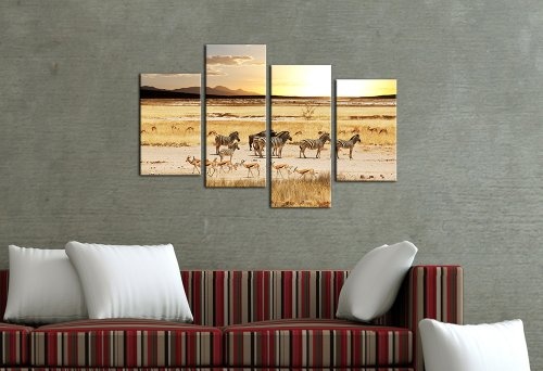 Wandbild - Afrikanische Savanne - Bild auf Leinwand - 120x80 cm 4 teilig - Leinwandbilder - Bilder als Leinwanddruck - Tierwelten - afrikanische Wildtiere