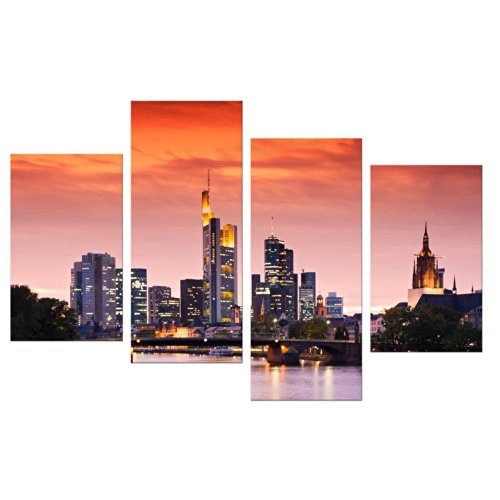 Wandbild - Frankfurt Skyline - Deutschland bei Nacht - Deutschland - Bild auf Leinwand - 120x80 cm 4 teilig - Leinwandbilder - Städte & Kulturen - Hessen - Hochhäuser im Sonnenuntergang - Messe - Börse