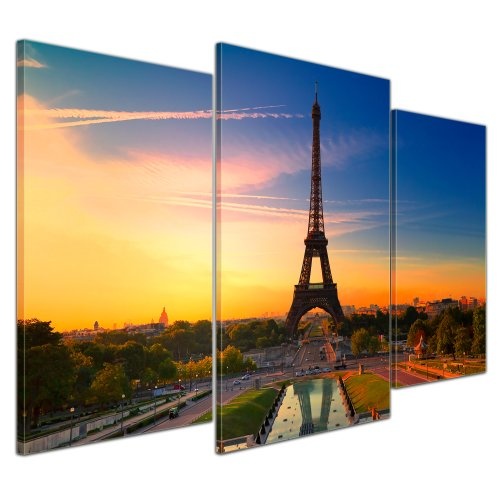 Wandbild - Paris II - Bild auf Leinwand - 100x60 cm 3 teilig - Leinwandbilder - Bilder als Leinwanddruck - Städte & Kulturen - Europa - Frankreich - Eiffelturm am Abend