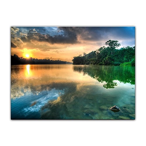 Wandbild - Morgenreflektion - Bild auf Leinwand - 80x60 cm 1 teilig - Leinwandbilder - Bilder als Leinwanddruck - Landschaften - Sonne über Einem Fluss