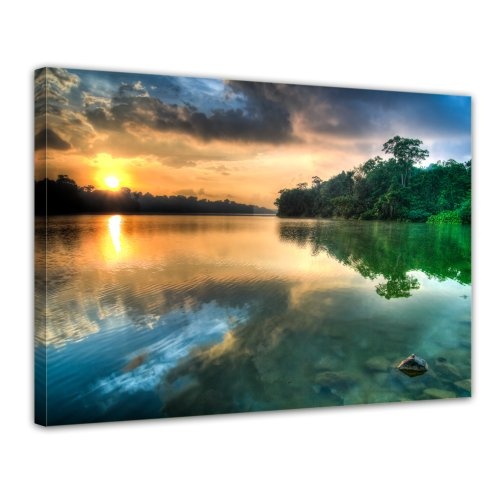 Wandbild - Morgenreflektion - Bild auf Leinwand - 80x60 cm 1 teilig - Leinwandbilder - Bilder als Leinwanddruck - Landschaften - Sonne über Einem Fluss