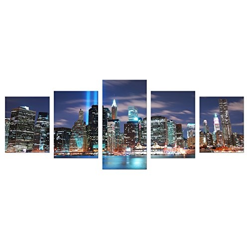 Wandbild - New York City Manhattan at Night - USA - Bild auf Leinwand - 200x80 cm 5 teilig - Leinwandbilder - Städte & Kulturen - Amerika - Skyline - World Trade Center - beleuchtet