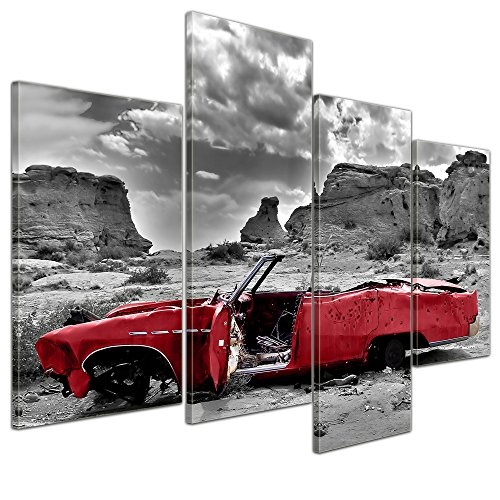 Wandbild - Cadillac - rot - Bild auf Leinwand - 120x80 cm 4 teilig - Leinwandbilder - Motorisiert - Amerika - Landschaften - Autowrack in der Wüste