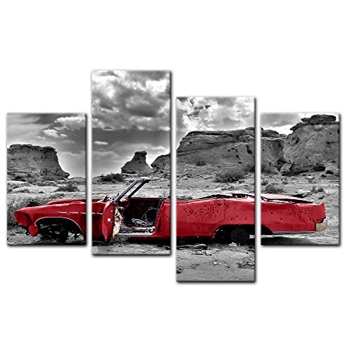 Wandbild - Cadillac - rot - Bild auf Leinwand - 120x80 cm 4 teilig - Leinwandbilder - Motorisiert - Amerika - Landschaften - Autowrack in der Wüste