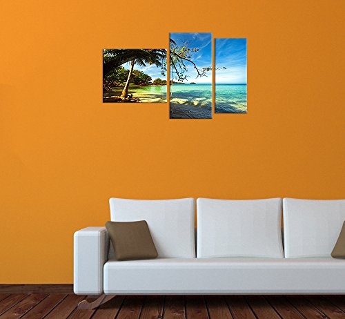 Wandbild - Tropical Beach Under Blue Sky - Thailand - Bild auf Leinwand - 130x80 cm 3 teilig - Leinwandbilder - Bilder als Leinwanddruck - Landschaften - Asien - Schaukel am Strand