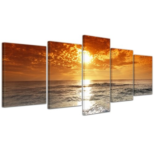 Wandbild - Sonnenuntergang in Korsika - Bild auf Leinwand - 200x80 cm 5 teilig - Leinwandbilder - Bilder als Leinwanddruck - Urlaub, Sonne & Meer - Europa - Italien - Mittelmeer - Sonne über dem Meer