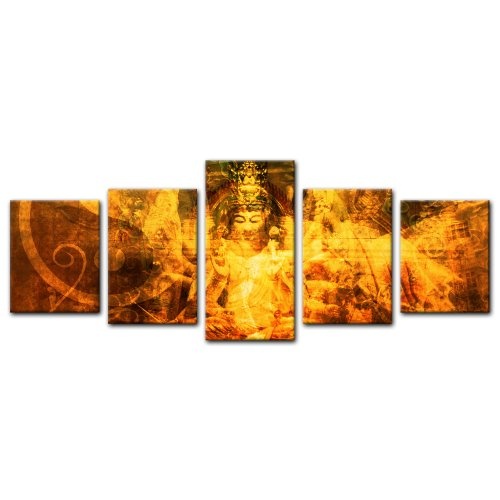 Wandbild - Buddha Urban - Bild auf Leinwand - 200x80 cm 5 teilig - Leinwandbilder - Bilder als Leinwanddruck - Geist und Seele - Zen Buddhismus