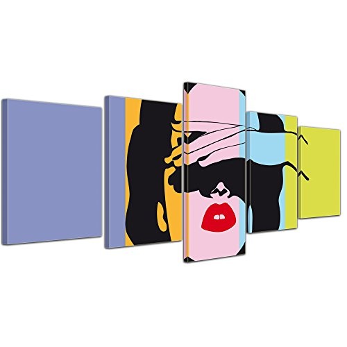 Wandbild - Retro Frau Pop Art Stil - Bild auf Leinwand - 200x80 cm 5 teilig - Leinwandbilder - Urban & Graphic - Andy Warhol - Kunst - farbig - bunt