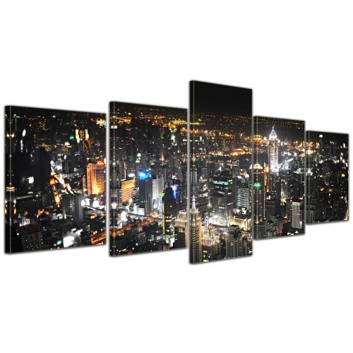 Wandbild - Bangkok at Night - Bild auf Leinwand - 200x80 cm 5 teilig - Leinwandbilder - Bilder als Leinwanddruck - Städte & Kulturen - Asien - Skyline von Bangkok