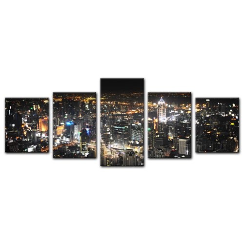 Wandbild - Bangkok at Night - Bild auf Leinwand - 200x80 cm 5 teilig - Leinwandbilder - Bilder als Leinwanddruck - Städte & Kulturen - Asien - Skyline von Bangkok