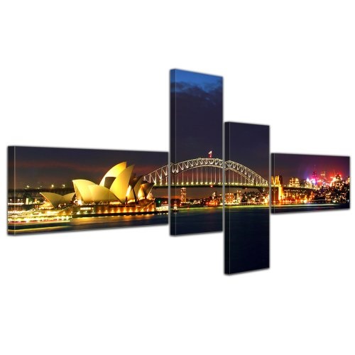 Bilderdepot24 Leinwandbild Sydney Opera House und die Harbour Bridge - 200x90 cm 4 teilig - fertig gerahmt, direkt vom Hersteller