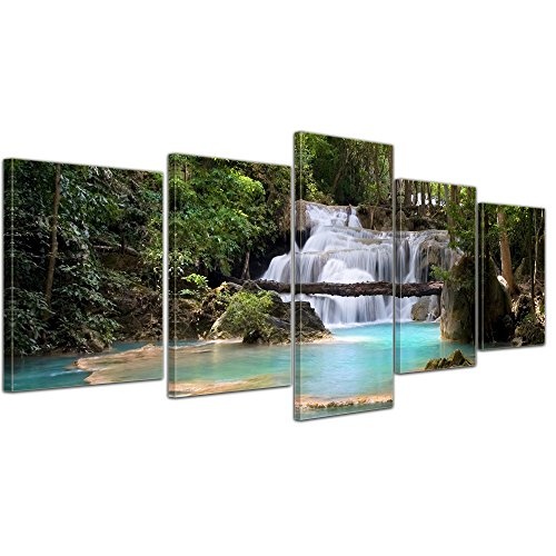Wandbild - Wasserfall im Wald - Bild auf Leinwand - 200x80 cm 5 teilig - Leinwandbilder - Landschaften - Natur - Kaskade mit Wasserbecken - See