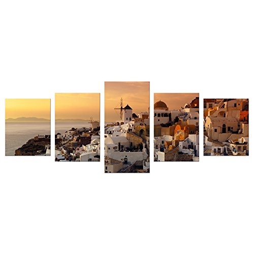 Wandbild - Santorini im Abendrot - Bild auf Leinwand - 200x80 cm 5 teilig - Leinwandbilder - Städte & Kulturen - Urlaub, Sonne & Meer - Griechenland - Thira - Oia - malerisch
