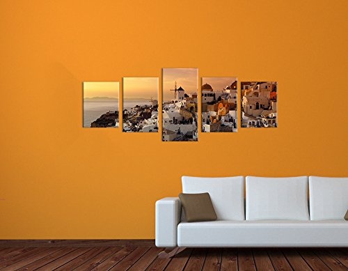 Wandbild - Santorini im Abendrot - Bild auf Leinwand - 200x80 cm 5 teilig - Leinwandbilder - Städte & Kulturen - Urlaub, Sonne & Meer - Griechenland - Thira - Oia - malerisch