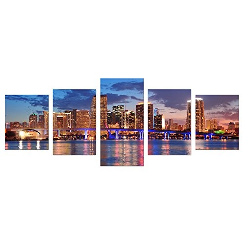 Wandbild - Skyline von Miami South Beach - Florida - Bild auf Leinwand - 200x80 cm 5 teilig - Leinwandbilder - Städte & Kulturen - Amerika - Biscayne Bay - Nachtleben