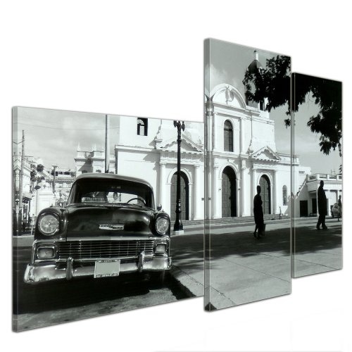 Wandbild - Oldtimer - Kuba - Bild auf Leinwand - 130x80 cm 3 teilig - Leinwandbilder - Bilder als Leinwanddruck - Motorisiert - Karibik - Straßenkreuzer auf Kuba