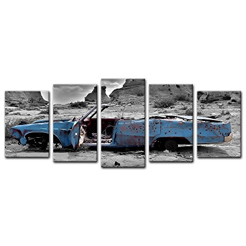 Wandbild - Cadillac - blau - Bild auf Leinwand - 200x80 cm 5 teilig - Leinwandbilder - Motorisiert - Amerika - Landschaften - Autowrack in der Wüste