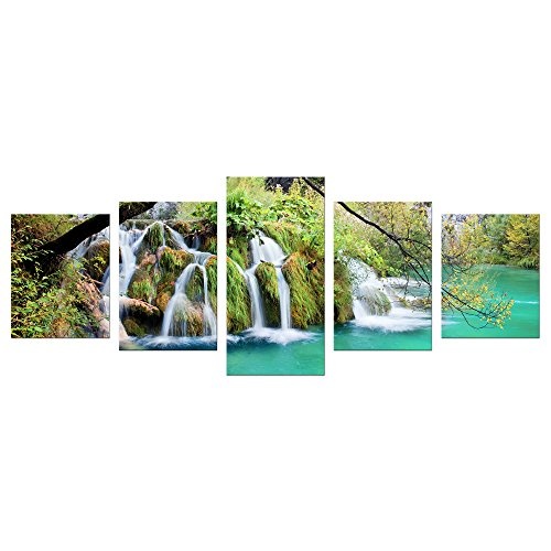 Wandbild - Wasserfall im Herbst - Bild auf Leinwand - 200x80 cm 5 teilig - Leinwandbilder - Landschaften - Kroatien - Nationalpark Plitvicer Seen