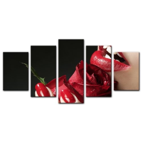 Wandbild - Smell and Beauty - Bild auf Leinwand - 100x60 cm 3 teilig - Leinwandbilder - Bilder als Leinwanddruck - Akt & Erotik - Rose und roter Mund