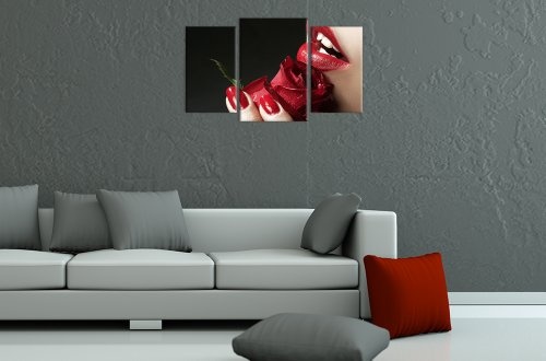 Wandbild - Smell and Beauty - Bild auf Leinwand - 100x60 cm 3 teilig - Leinwandbilder - Bilder als Leinwanddruck - Akt & Erotik - Rose und roter Mund