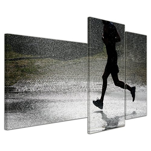 Wandbild - Running Retro - Bild auf Leinwand - 130x80 cm 3 teilig - Leinwandbilder - Urban & Graphic - Sport - Einsamkeit - Joggen im Regen