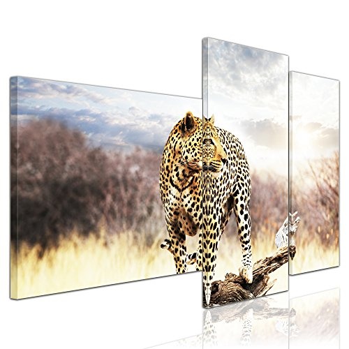 Wandbild - Leopard - Bild auf Leinwand - 130x80 cm 3 teilig - Leinwandbilder - Bilder als Leinwanddruck - Tierwelten - Wildtiere - afrikanische Wildkatze auf der Pirsch