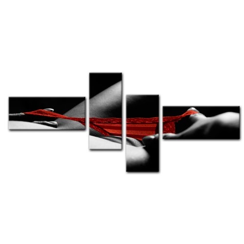 Wandbild - Roter Slip - Bild auf Leinwand - 200x90 cm 4 teilig - Leinwandbilder - Bilder als Leinwanddruck - Urlaub, Sonne & Meer - Akt & Erotik - sexy Frauenkörper