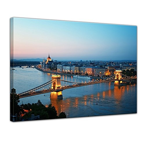 Wandbild - Budapest Skyline bei Nacht - Bild auf Leinwand - 80 x 60 cm 1 teilig - Leinwandbilder - Bilder als Leinwanddruck - Städte & Kulturen - Europa - Kettenbrücke und Donau
