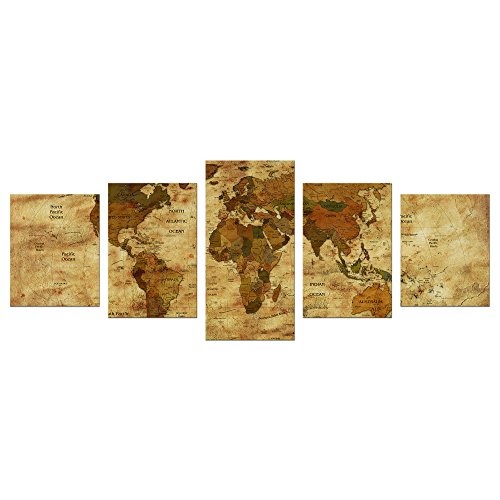 Wandbild - Weltkarte Retro II farbig - Bild auf Leinwand - 200x80 cm 5 teilig - Leinwandbilder - Urban & Graphic - Erde - grafische Darstellung - detailliert - einmalig
