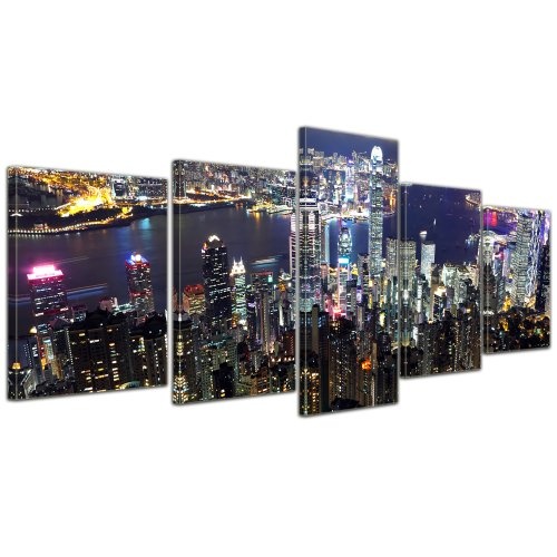 Wandbild - Hong Kong City at Night - Bild auf Leinwand - 200x80 cm 5 teilig - Leinwandbilder - Bilder als Leinwanddruck - Städte & Kulturen - Asien - China - Skyline von Hong Kong