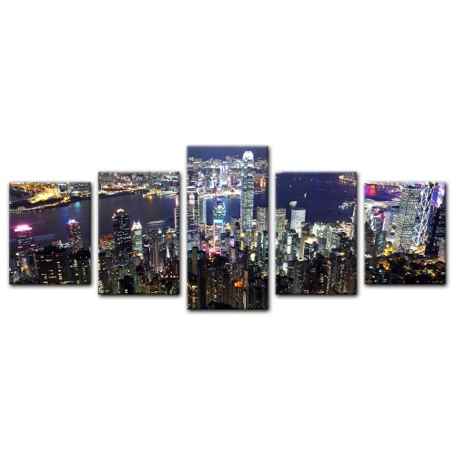 Wandbild - Hong Kong City at Night - Bild auf Leinwand - 200x80 cm 5 teilig - Leinwandbilder - Bilder als Leinwanddruck - Städte & Kulturen - Asien - China - Skyline von Hong Kong