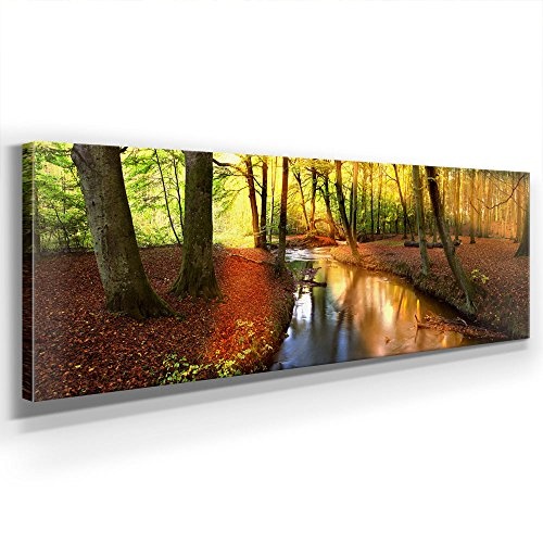 Herbst Wald Panorama - XXL 150x50cm, Leinwand auf Echtholzrahmen aufgespannt, UV-stabil und wasserfest, Kunstdruck für Büro oder Wohnzimmer, XXL Deko FineArtPrint Wandbild